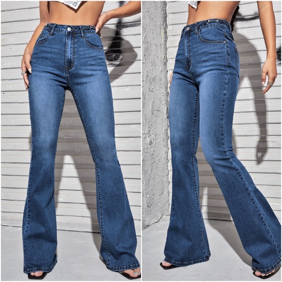 Dark Wash Flare Leg Blue Denim Wide leg Jeans - Picture 1 of 5